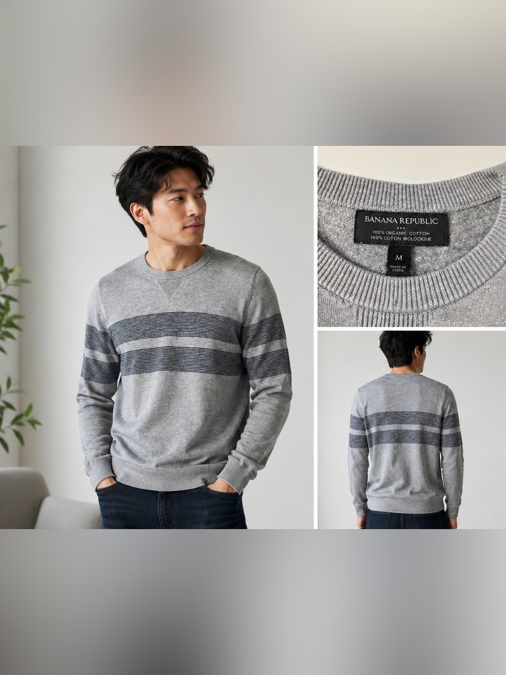 Banana Republic Men’s Medium Heather Gray Striped Crewneck Sweater Cotton